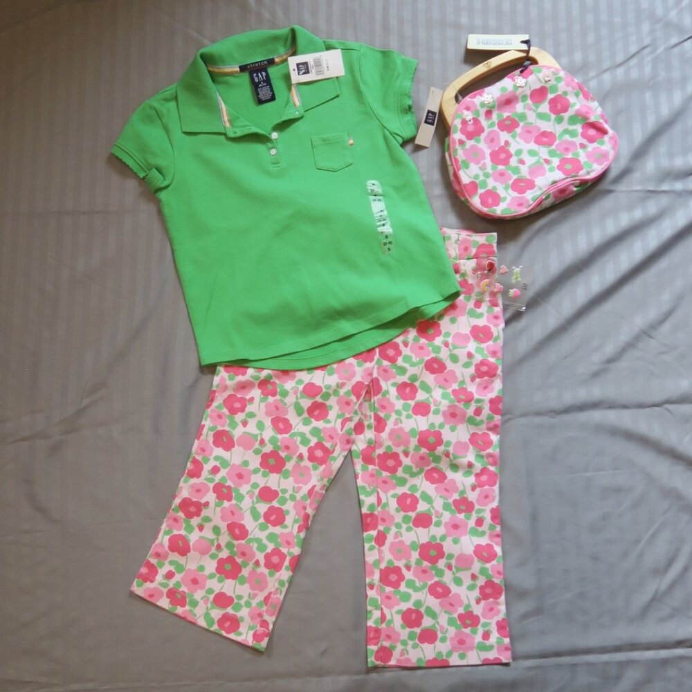 GapKids Green Top, Floral Capri's & Matching Reversible Purse  Sz 5/6 & 6  NWT's